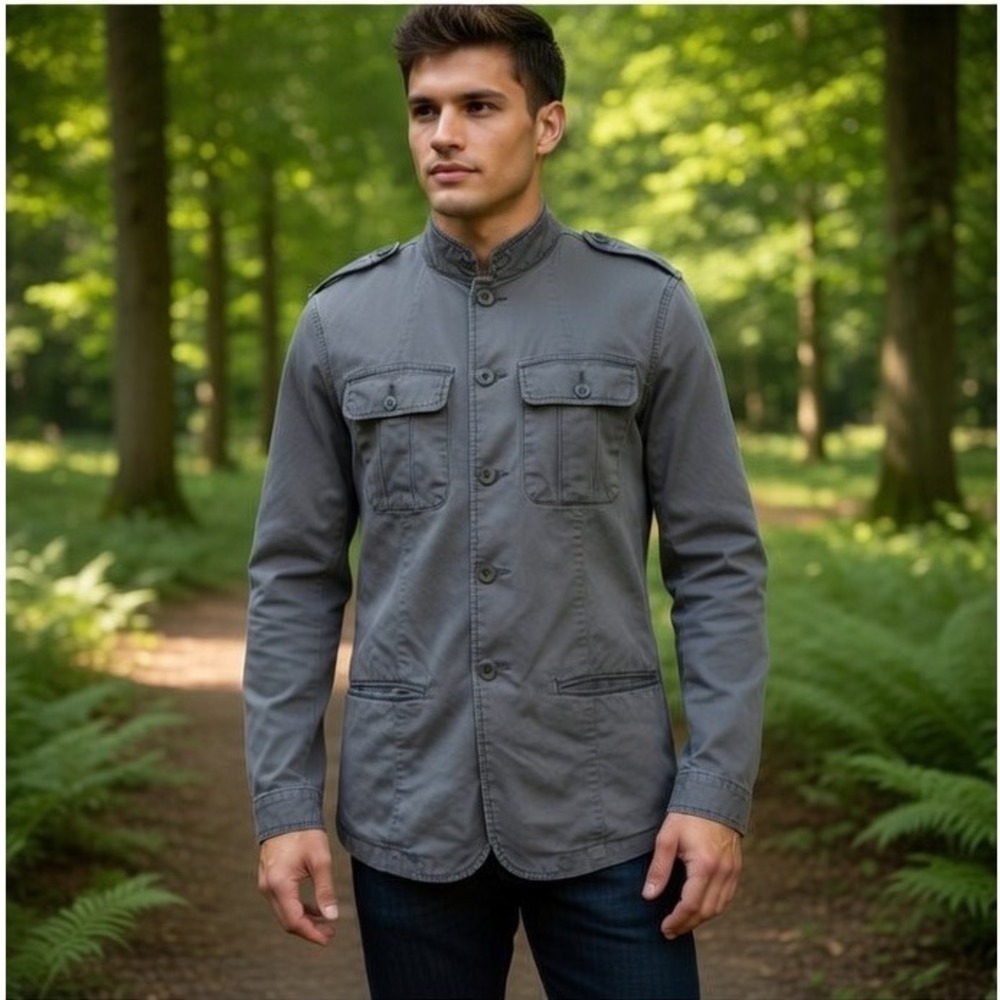 Fossil Brand Mens Gray Cotton Military Field Jacket‎ Mock Neck Epaulettes Size M